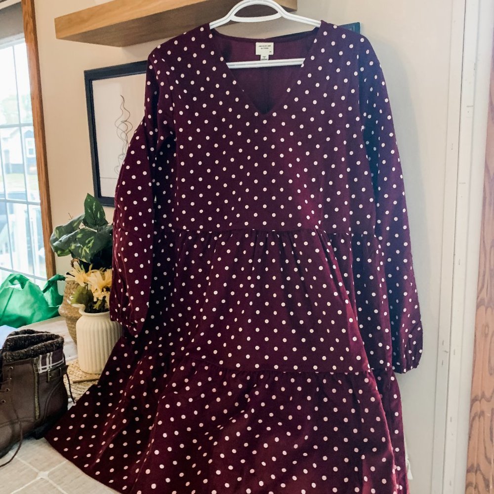 Corduroy Poka-Dot Long Sleeve Tierd Dress